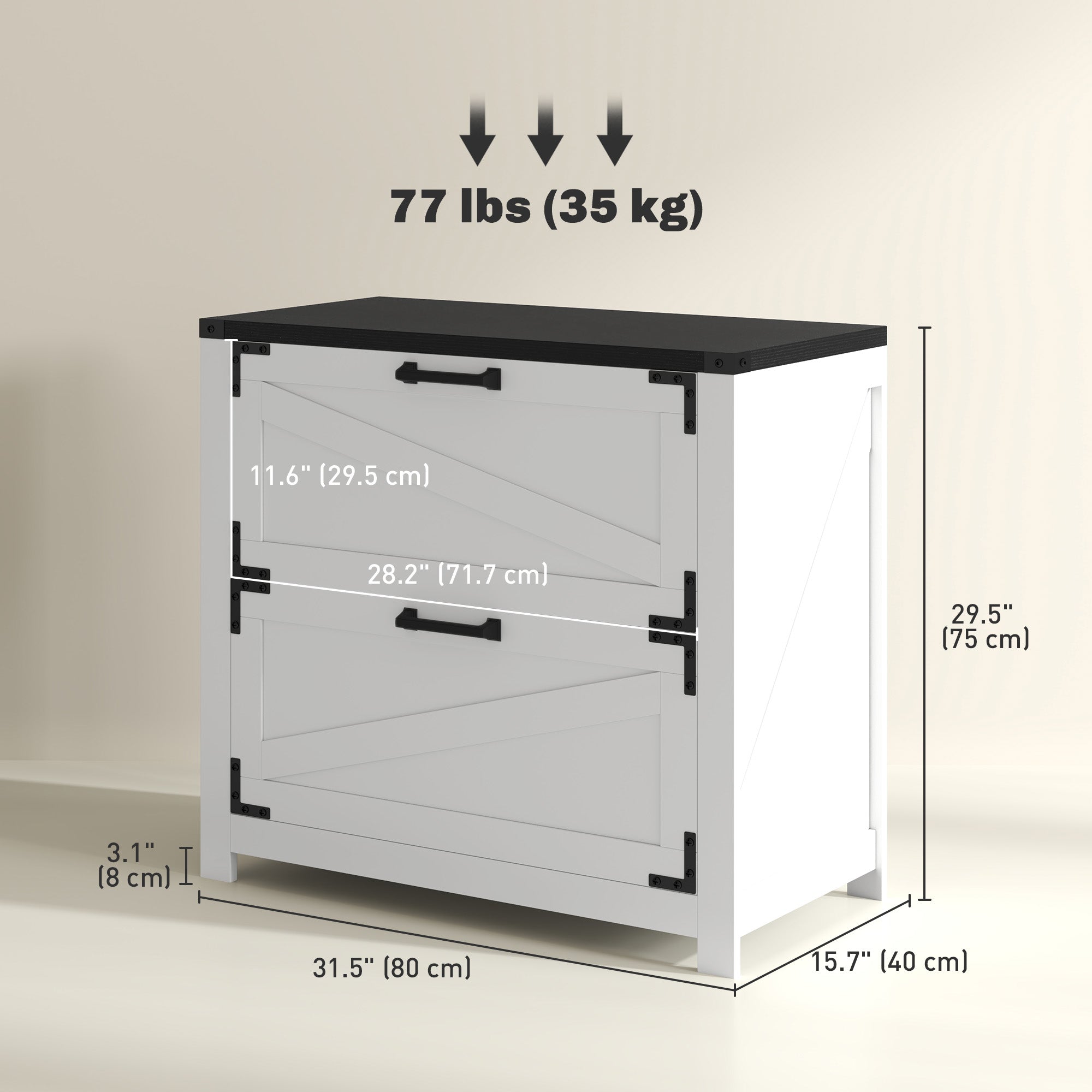 HOMCOM 2 Drawer Filing Cabinet, Farmhouse Office Storage Cabinet with Adjustable Hanging Bars for Letter, A4, Legal Size, White 