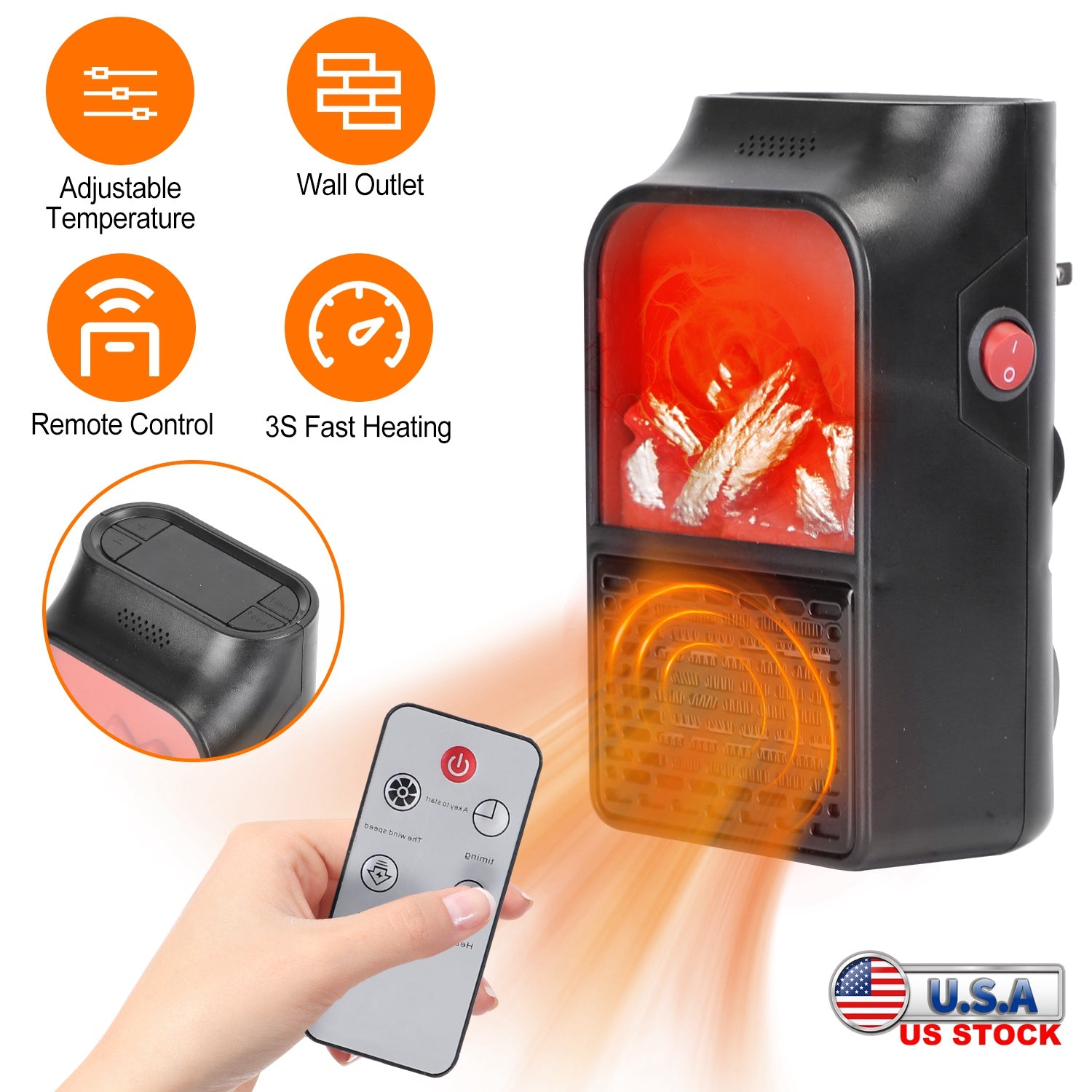 800W Plug-In Space Heater Wall Outlet Heater with 360° Rotatable Plug Adjustable Temperature 2 Wind Speeds Remote Control 