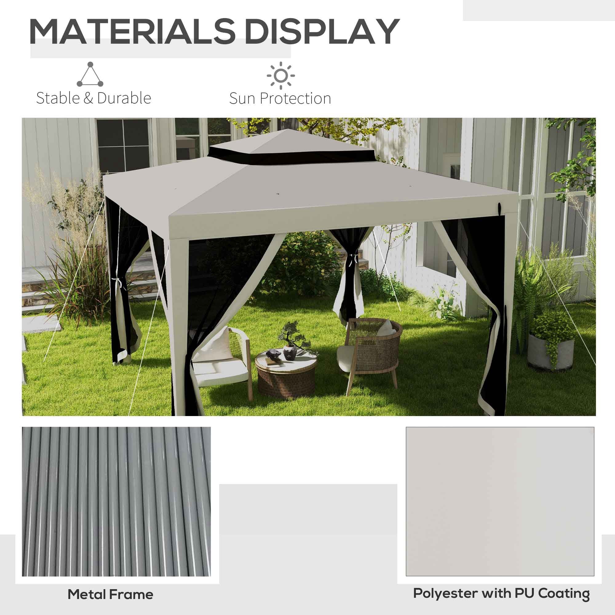 Outsunny 10' x 10' Outdoor Canopy Tent Party Tent with Mesh Netting and Double Tier Roof for Backyard, Garden, Patio, Cream White 