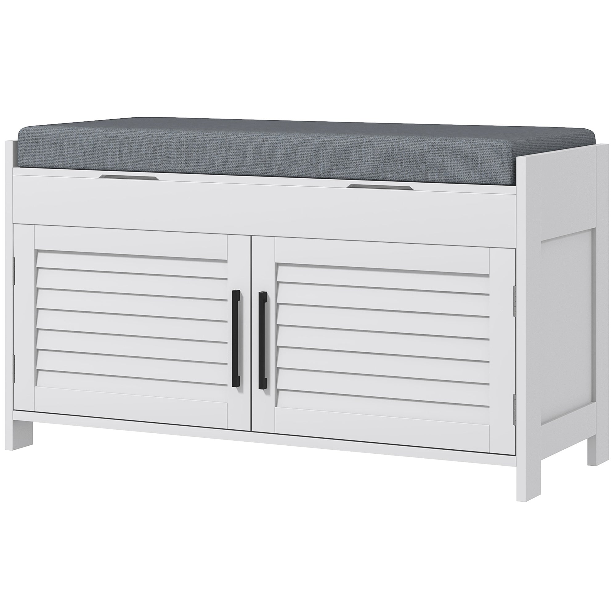 HOMCOM Entryway Bench with Cushion, Hidden Storage, Adjustable Shelves and Shutter Doors, 35.4" Shoe Bench, White 
