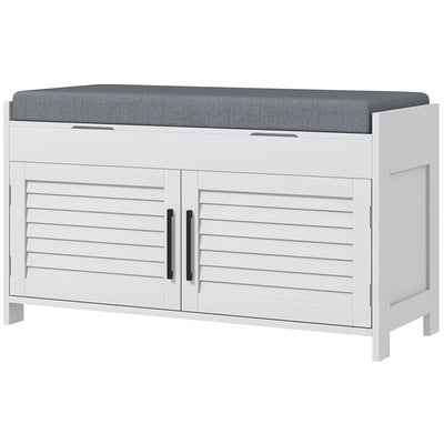 HOMCOM Entryway Bench with Cushion, Hidden Storage, Adjustable Shelves and Shutter Doors, 35.4" Shoe Bench, White 