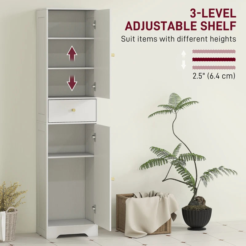67" Tall Bathroom Cabinet, Slim Bathroom Storage Cabinet with 2 Doors, Drawer and Adjustable Shelf, White Wood Grain