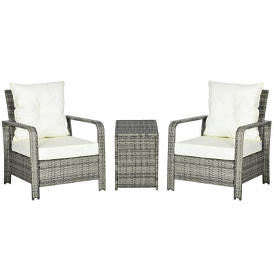 Outsunny 3 Pieces Patio Bistro Set, PE Rattan Garden Sofa Set with 2 Padded Chairs 1 Storage Table, Beige 