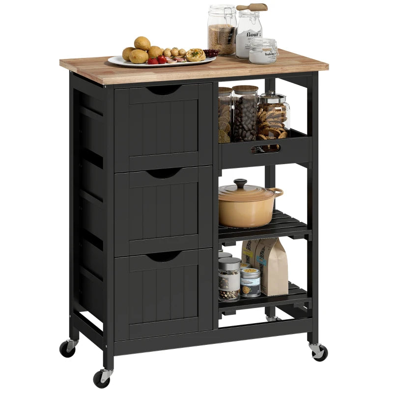 Kitchen Cart on Wheels, Rolling Kitchen Island Cart with Wood Top, 3 Drawers and Shelves for Home Dining Area, Black