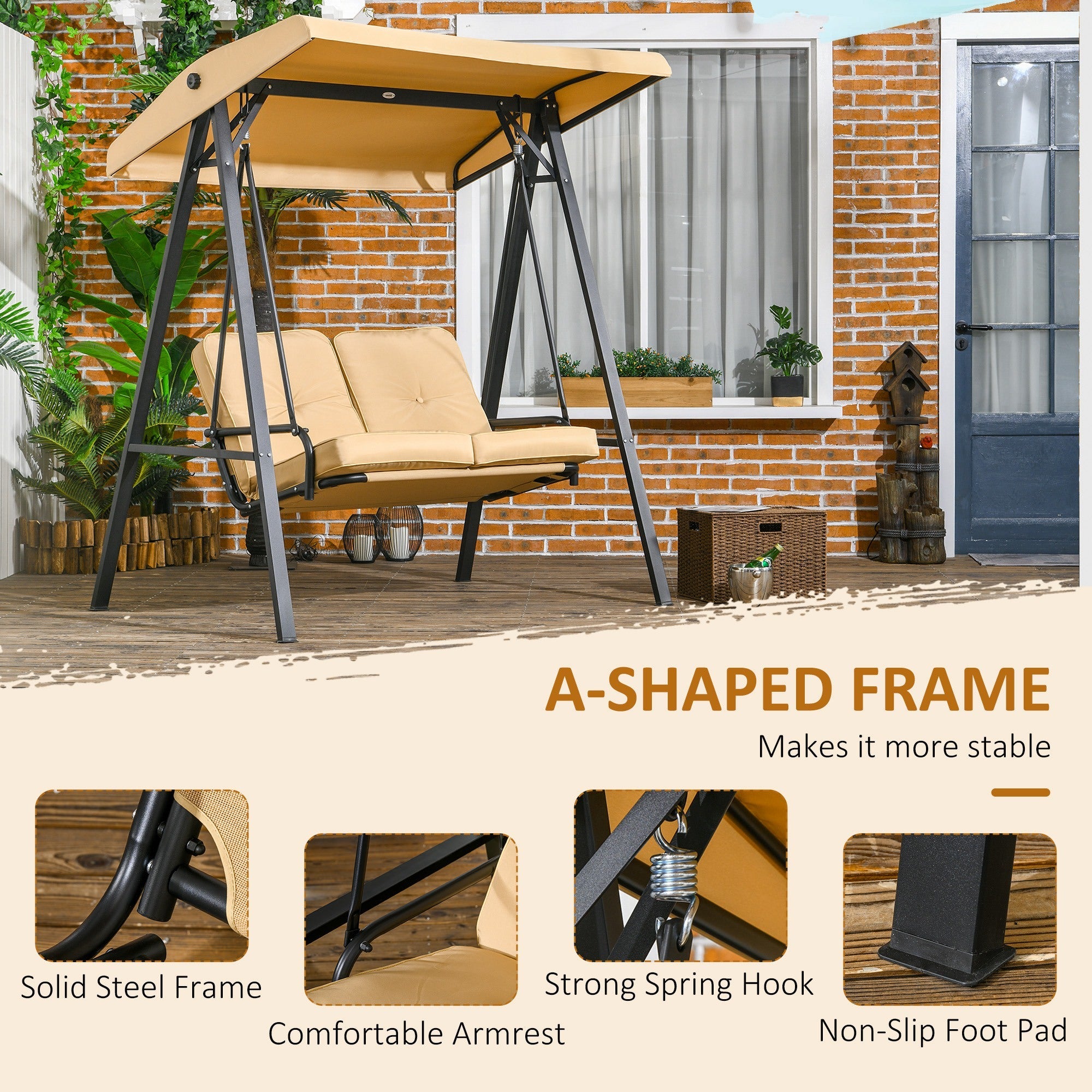 Outsunny 2-Seater Outdoor Porch Swing with Adjustable Canopy, Patio Swing Chair for Garden, Poolside, Backyard, Beige 