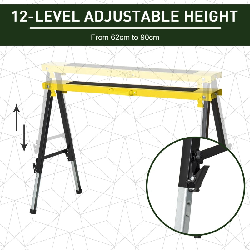 Saw Horse Twin Pack Folding Workbench Adjustable Metal Trestle Stands Yellow
