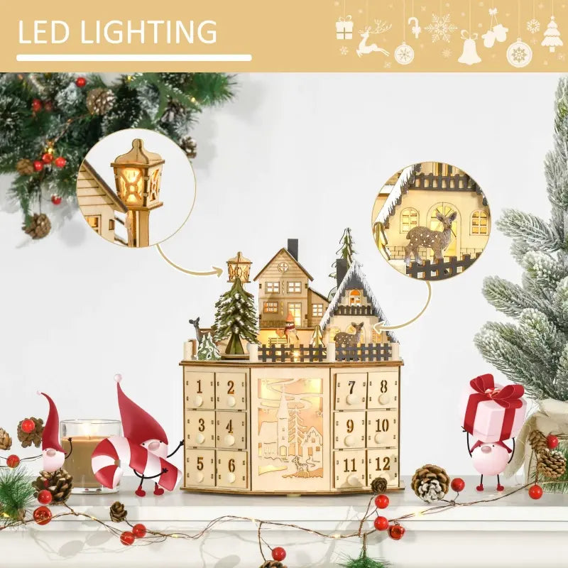 HOMCOM Christmas Advent Calendar, Light Up Table Xmas Wooden Holiday Decoration with Countdown Drawers and Village, for Kids and Adults, Natural