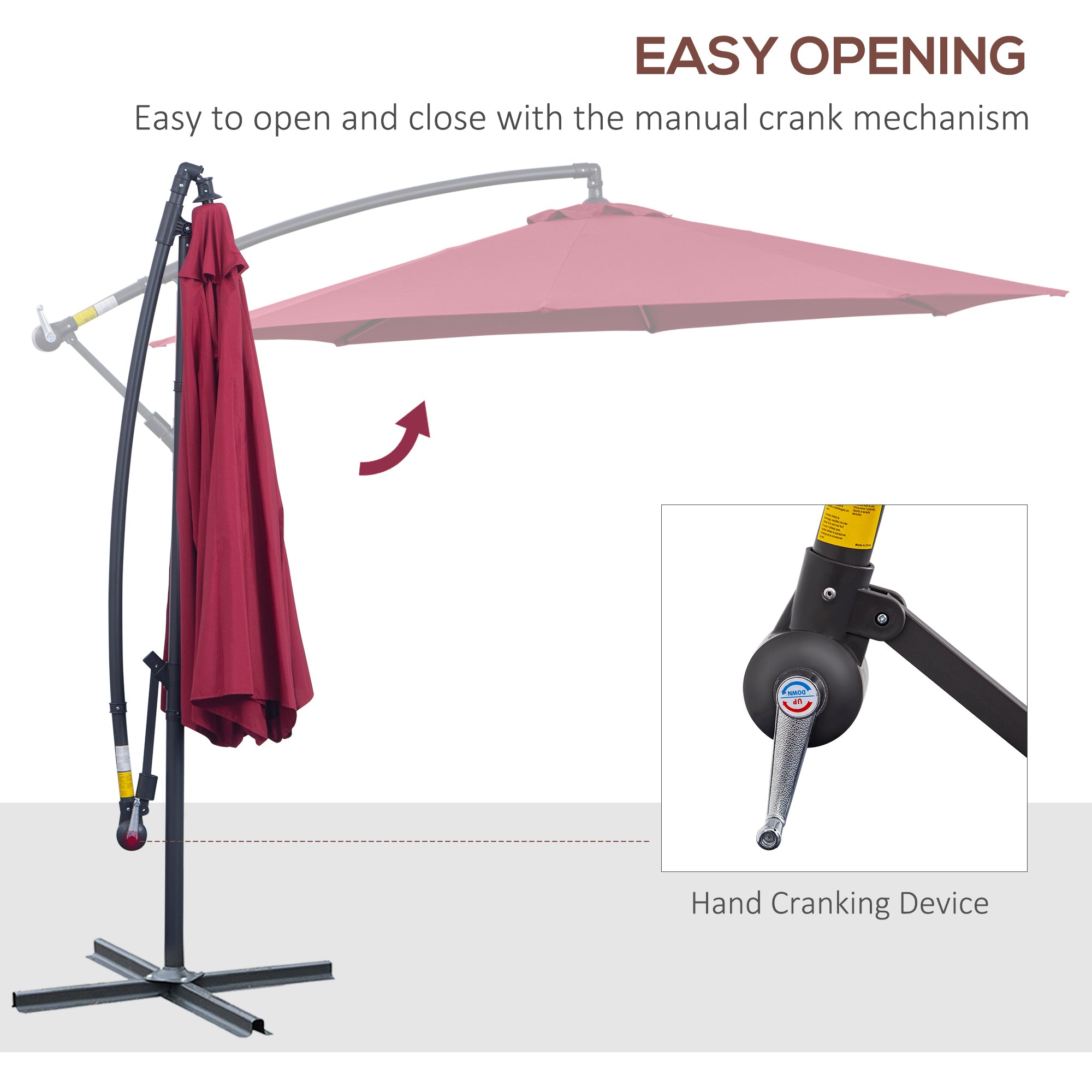 Outsunny Offset Patio Umbrella: Φ10' Deluxe Outdoor Banana Hanging Parasol with Sunshade, Crank & Base, Wine Red 