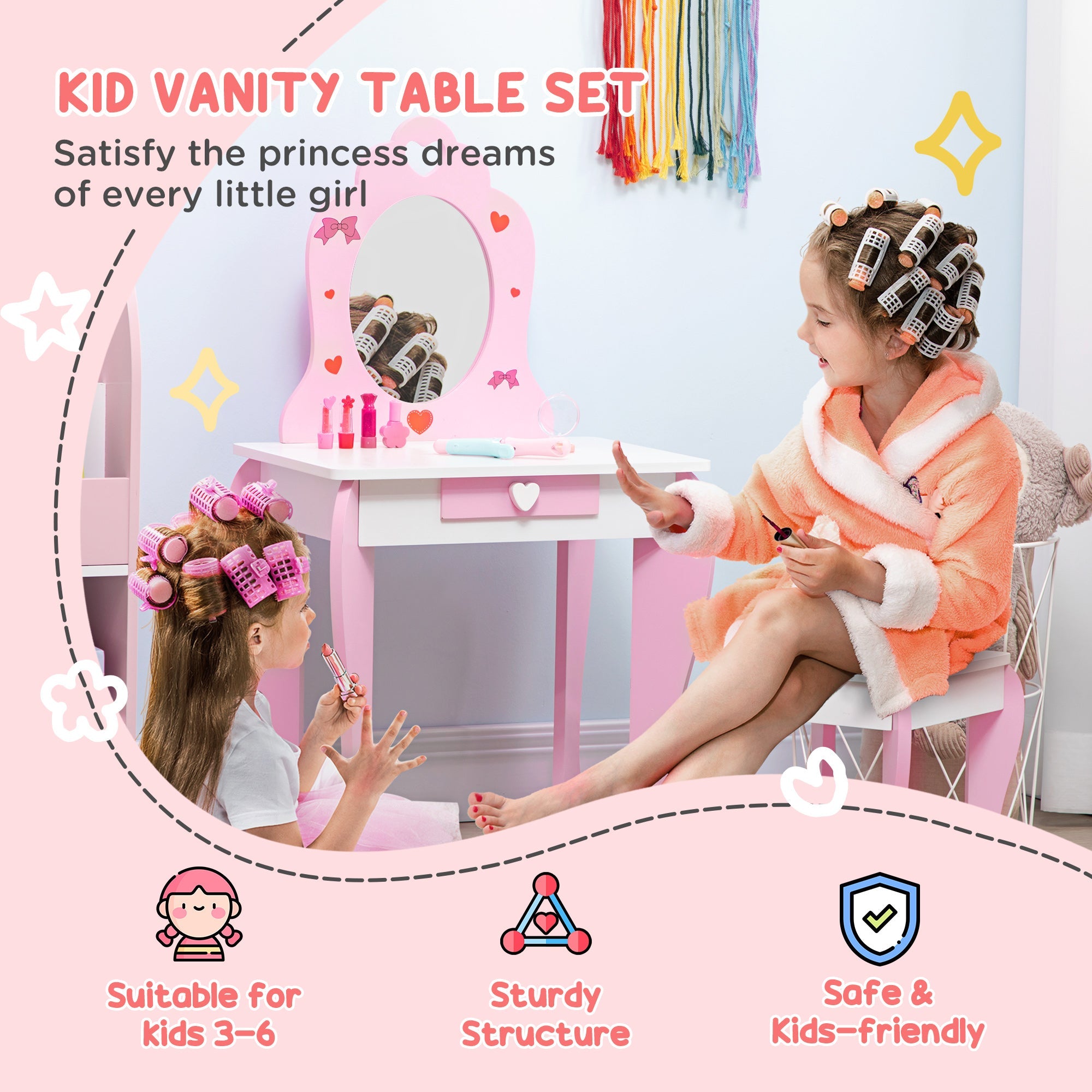 Qaba Petite Pampering: Kids Vanity Table and Chair Set with Mirror Drawer, Cute Patterns for Girls 3-6 Years Old, Pink Delight 
