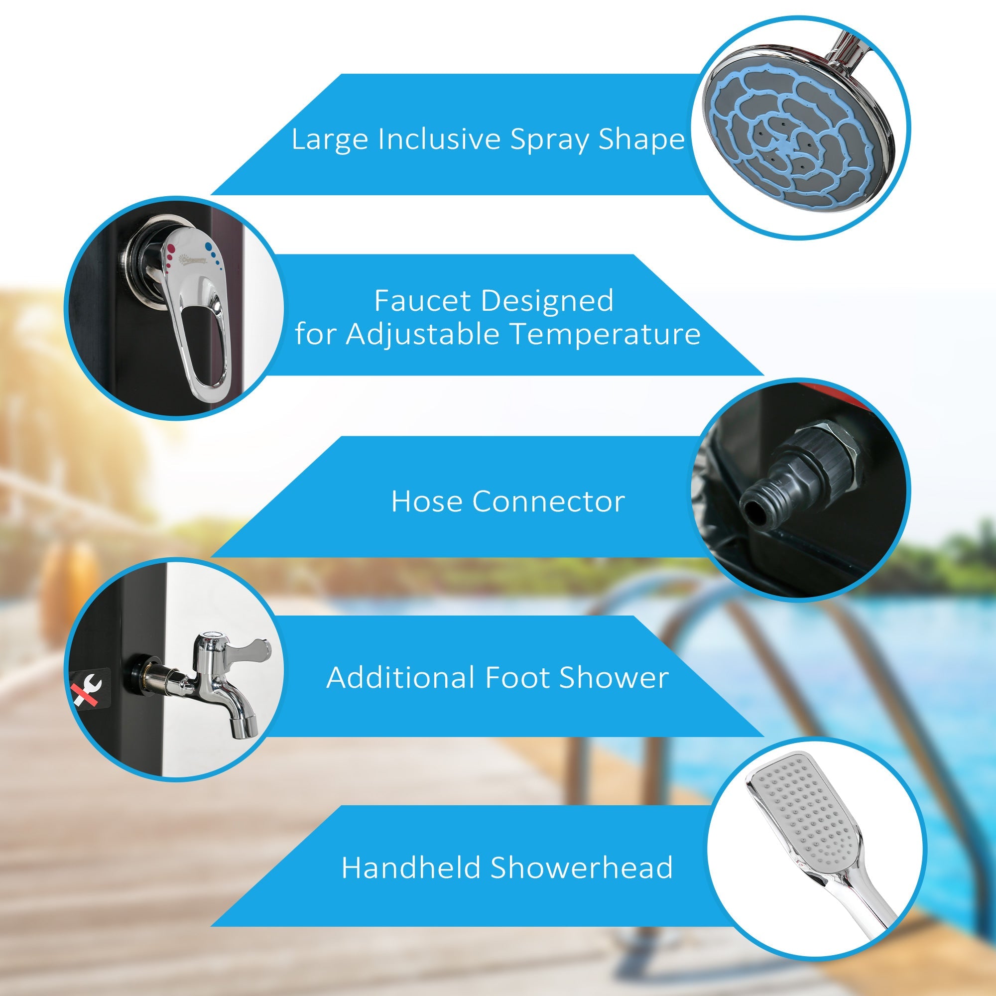 Outsunny Outdoor Solar Shower 7ft with Rotating Head Foot Faucet Temperature Pressure Adjustable 