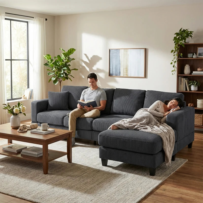 L Shaped Couch, L Shape Sofa with Chaise Lounge and Spring Cushion for Living Room, Bedroom, Charcoal Grey