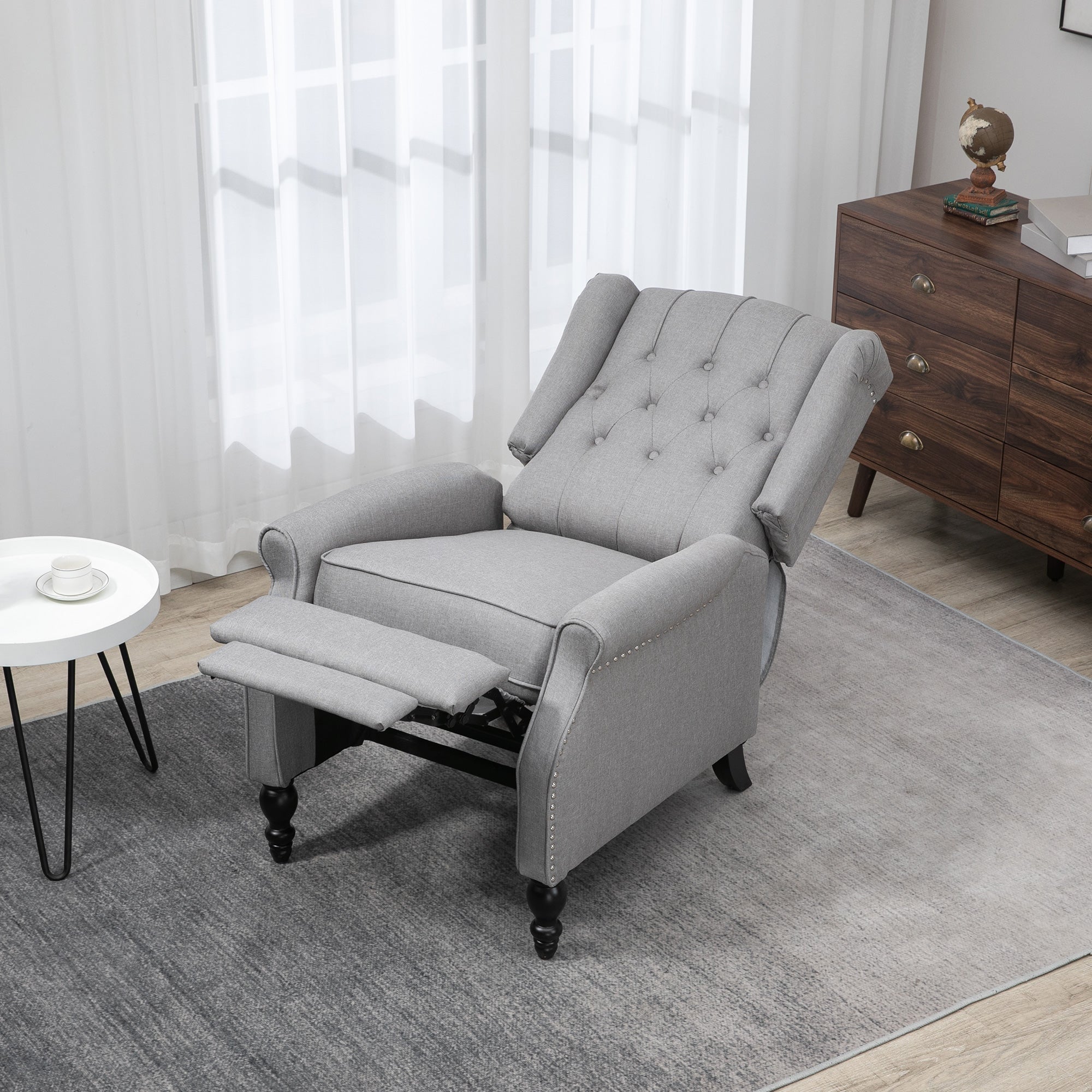 HOMCOM Luxury Manual Reclining Sofa Fabric Push Back Chair Button Tufted & Nail Head Trim Cozy Armrest Light Gray 