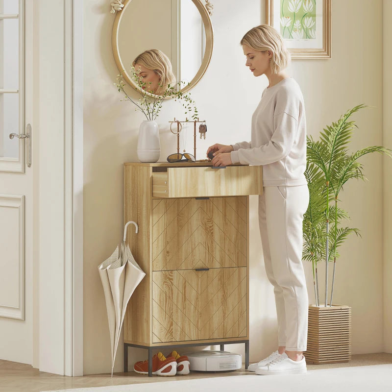 Narrow Shoe Storage Cabinet with Flip Drawers, Shoe Cabinet with Adjustable Shelves, Sliding Drawer, Holds 8 Pairs, Oak