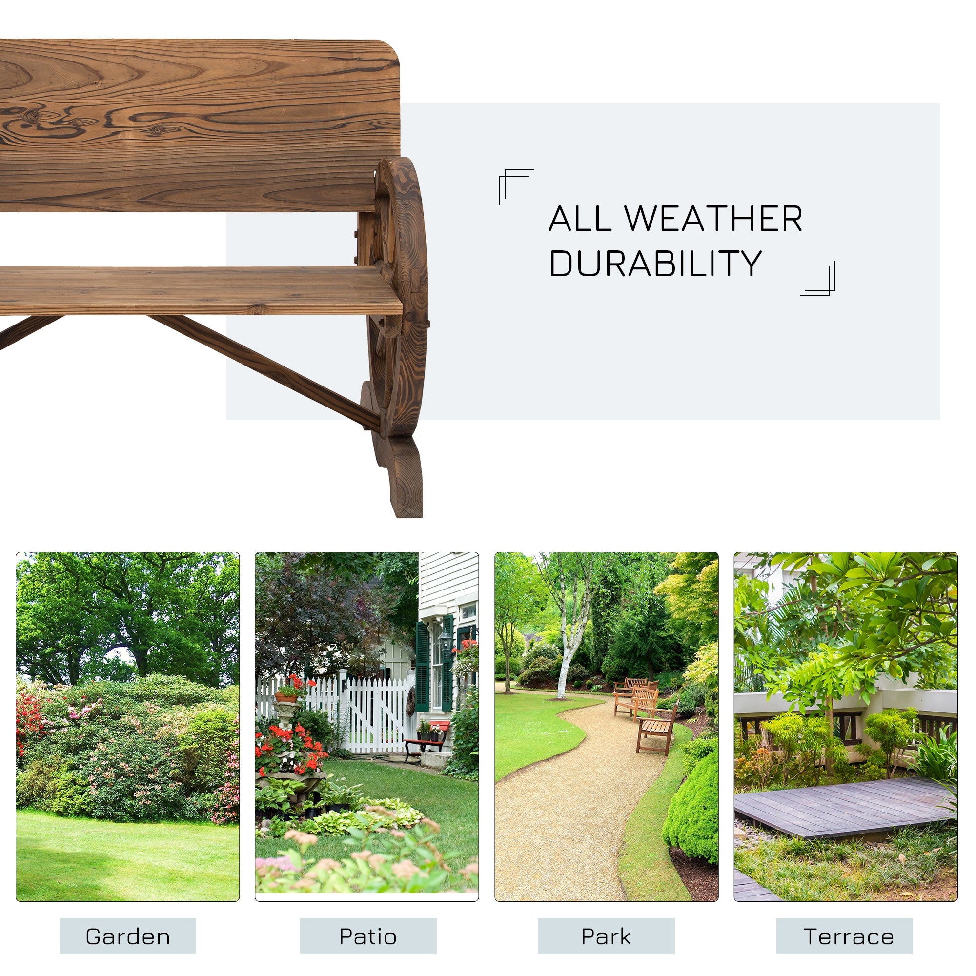 Outsunny Wooden Wagon Wheel Bench Rustic Design 2 Seater Garden Outdoor Chair High Back Loveseat 