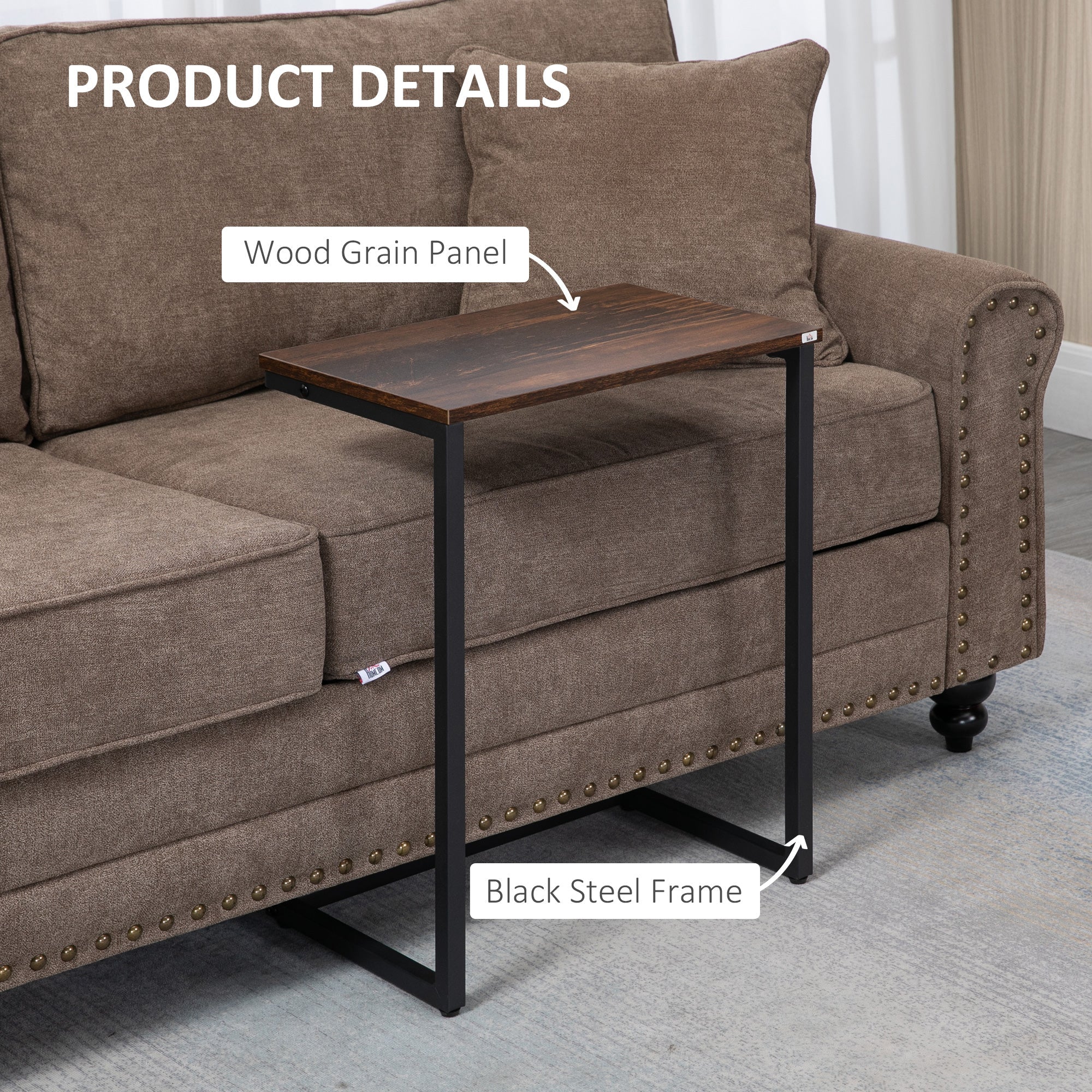 HOMCOM Rustic Nesting Tables: Set of 3 C-Shaped Snack Side Tables with Steel Frame for Sofa, Couch and Bed, Vintage Brown 