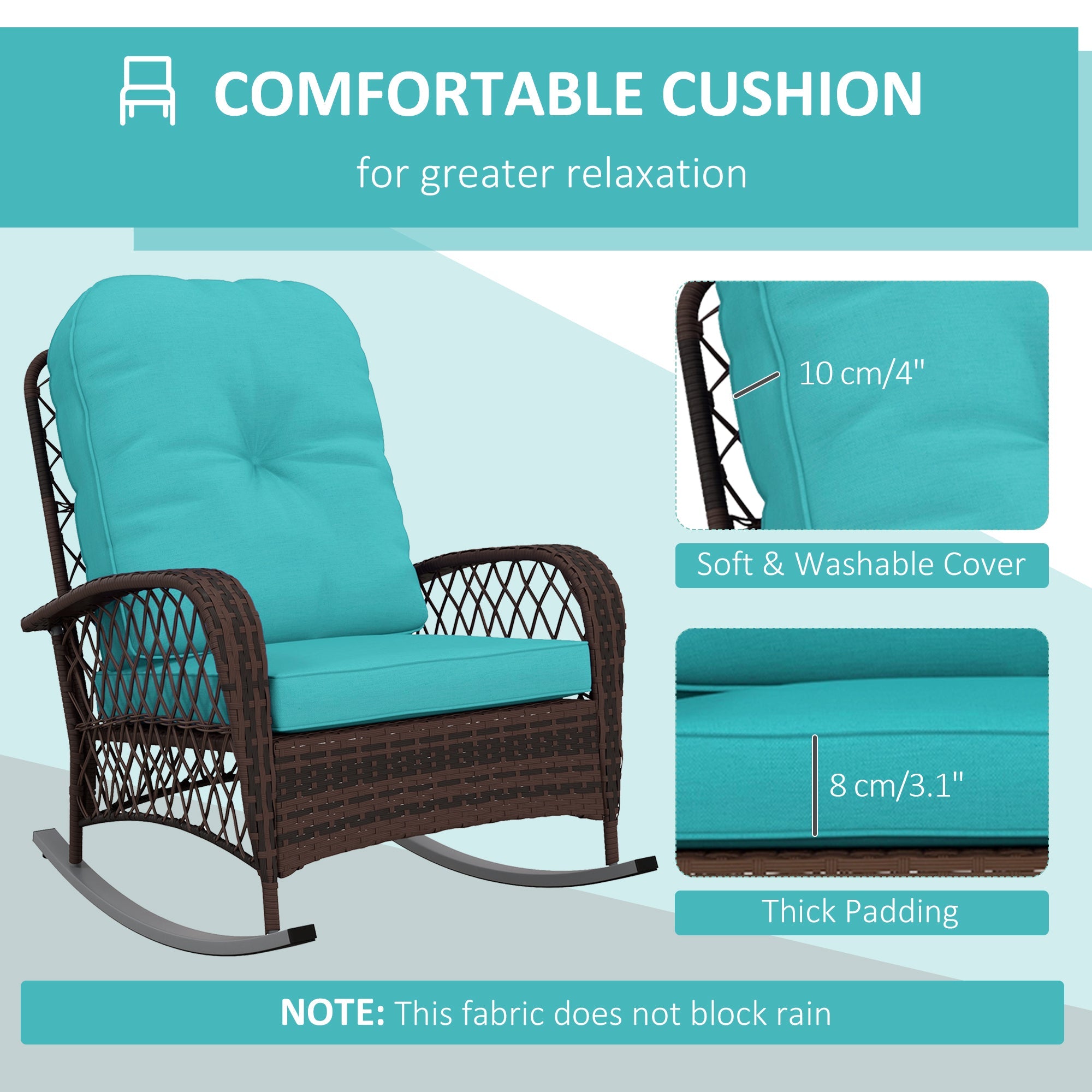 Outsunny Outdoor Wicker Rattan Rocking Chair Patio Rocker with Thick Cushions for Garden Backyard Porch, Turquoise 
