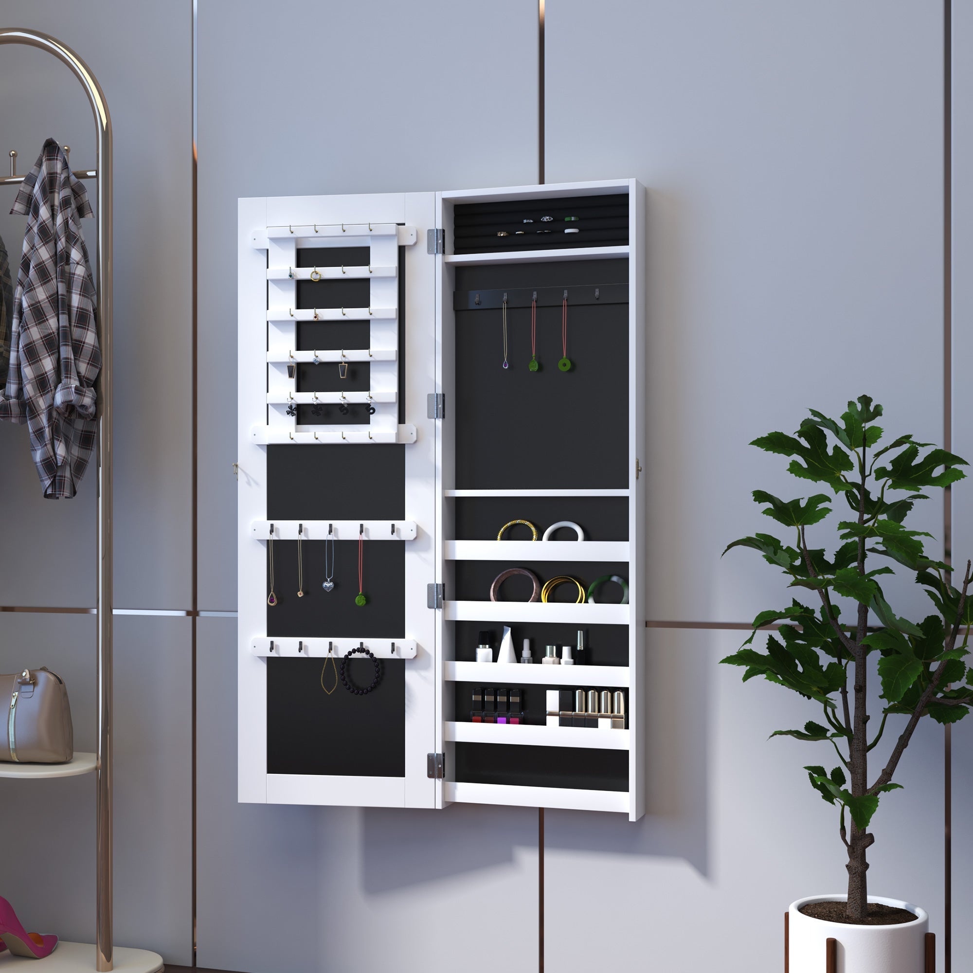 HOMCOM Wall-Mount Mirrored Jewelry Armoire: With Real Glass Mirror, Lockable Storage Organizer, White 