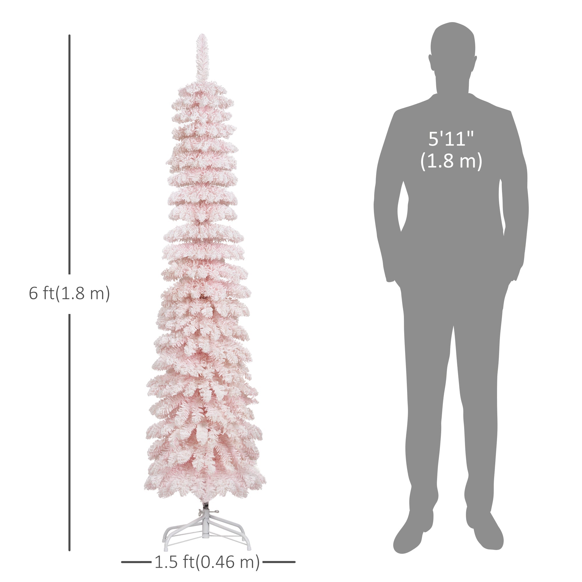 HOMCOM 6ft Snow-Flocked Artificial Christmas Tree, Slim Pencil Xmas Tree with 395 Realistic Branches, Metal Base, Pink 