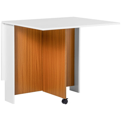 HOMCOM Foldable Teak White Dining Table Drop Leaf Console Writing Desk with Wheels for Kitchen Dining Room 