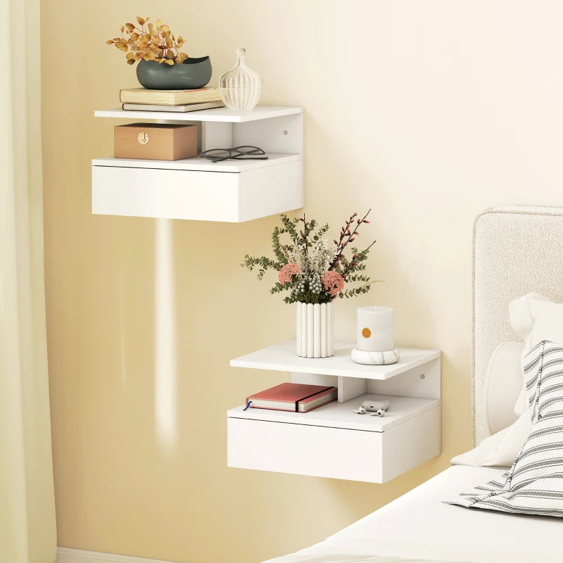 Floating Nightstand Set of 2, Wall Mounted Bedside Table with Drawer and Shelf, Small Night Stand for Bedroom, White