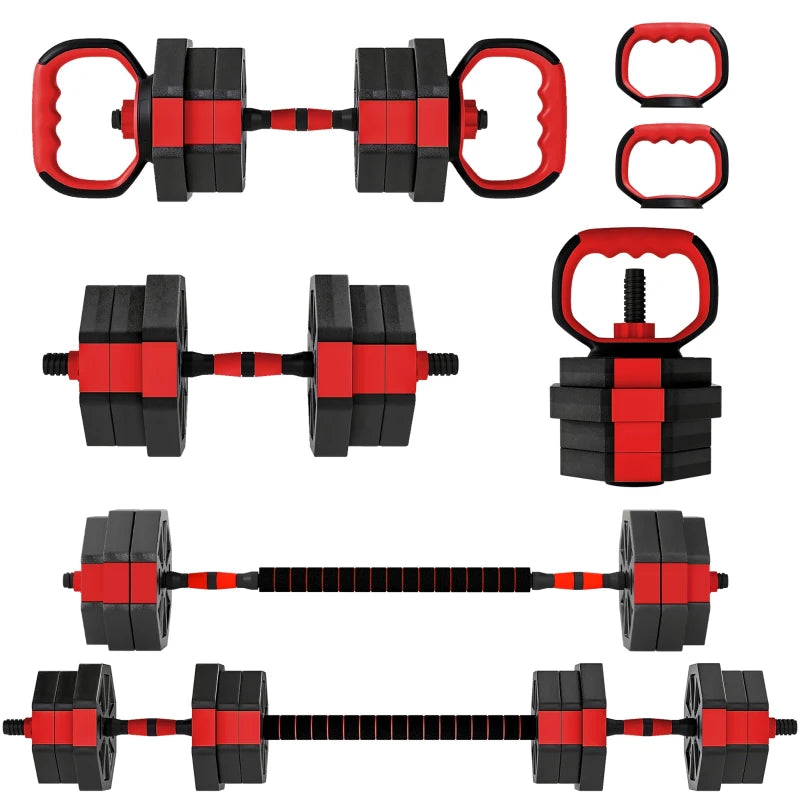 6-in-1 Adjustable Dumbbell Set, 44 lb Free Weights with Kettlebell, Barbell & Push-Up Stand – Red