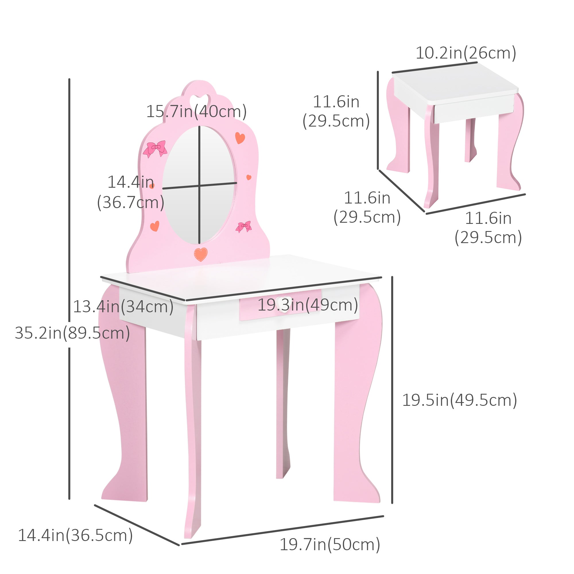 Qaba Petite Pampering: Kids Vanity Table and Chair Set with Mirror Drawer, Cute Patterns for Girls 3-6 Years Old, Pink Delight 