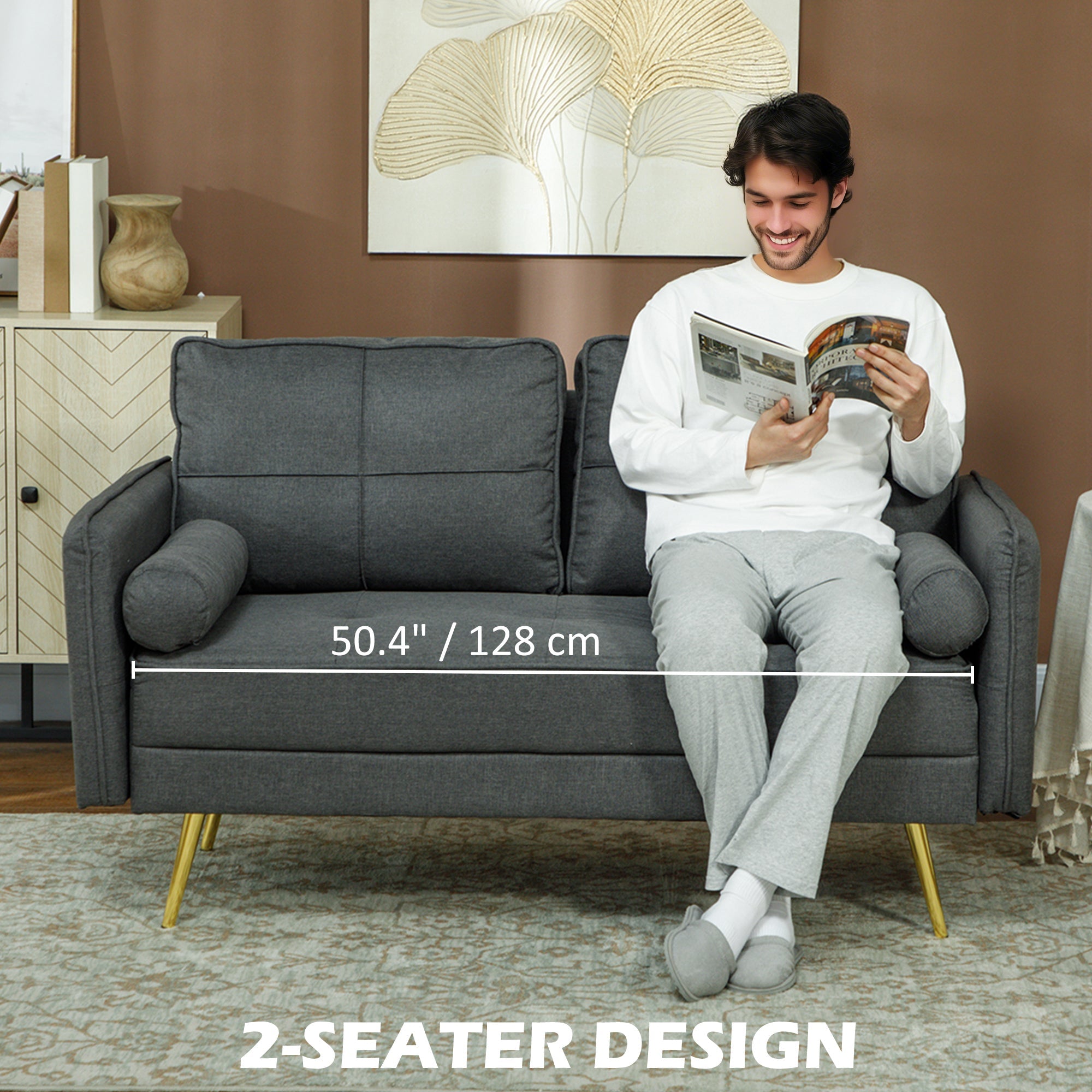 HOMCOM 56" Loveseat Sofa for Bedroom Upholstered 2 Seater Couch with Back Cushions and Pillows, Dark Grey 
