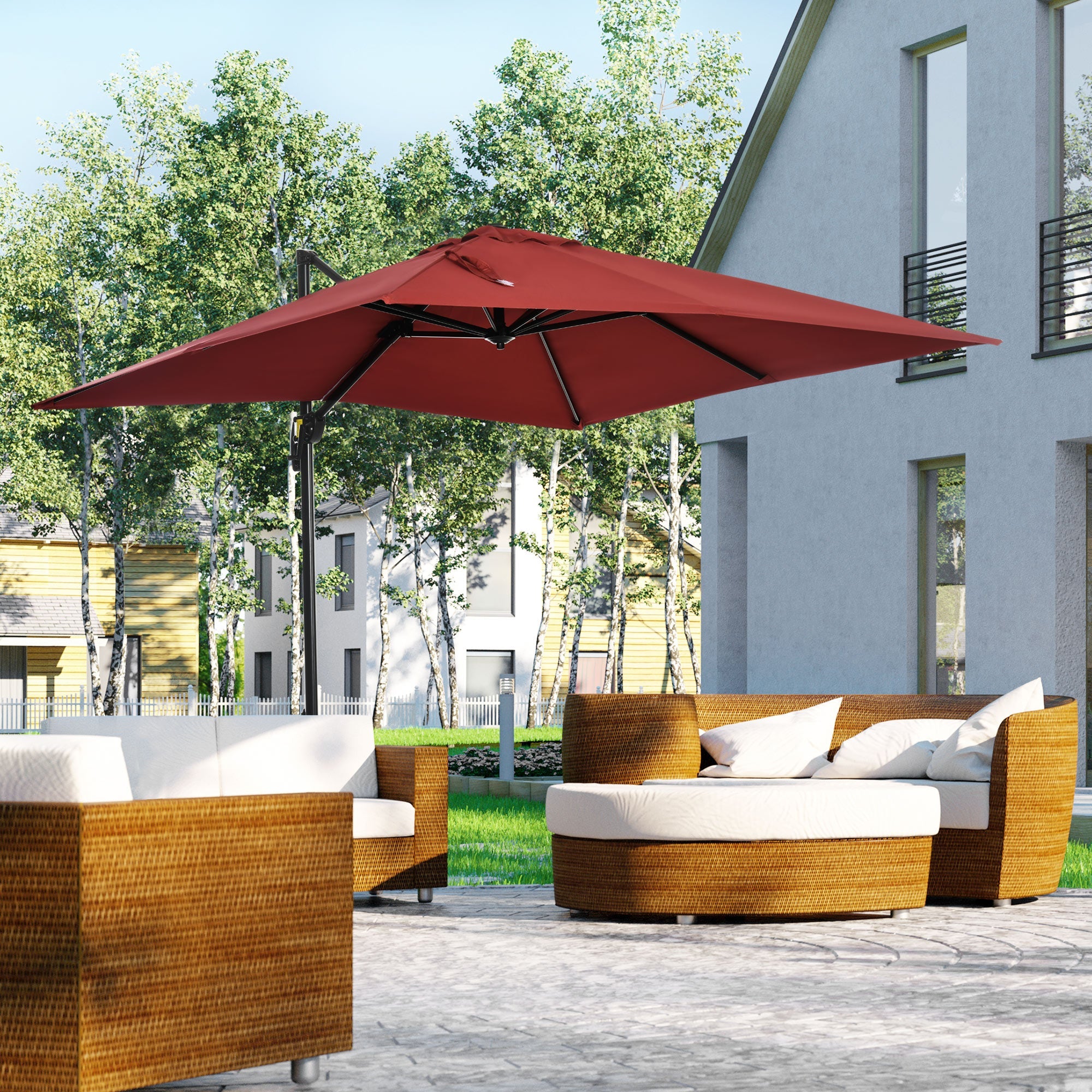 Outsunny Square Patio Hanging Offset Umbrella 8' x 8' Aluminum Cantilever Crank Market Parasol 360° Rotation Cross Base Wine Red 