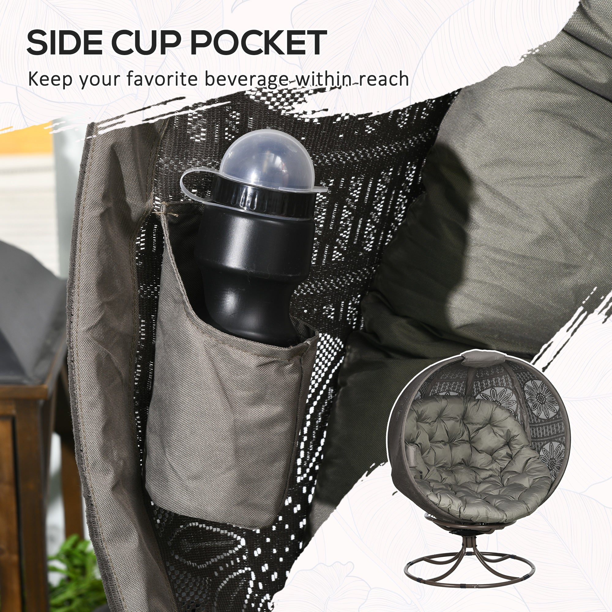 Outsunny Swivel Patio Egg Chair, Foldable Wicker Basket Chair with Large Cushion, Cup Holder, Indoor/Outdoor Use, Sand 