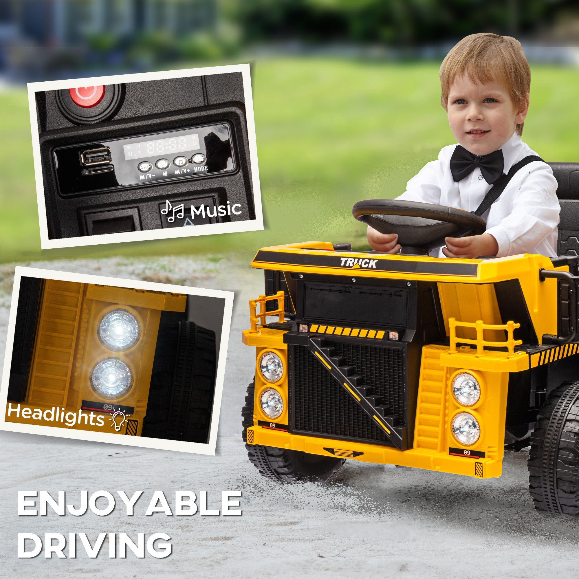 Qaba 12V Kids Ride On Dump Truck Construction Vehicle w/ Electric Dump Bed, Shovel, Spring Suspension Wheels 