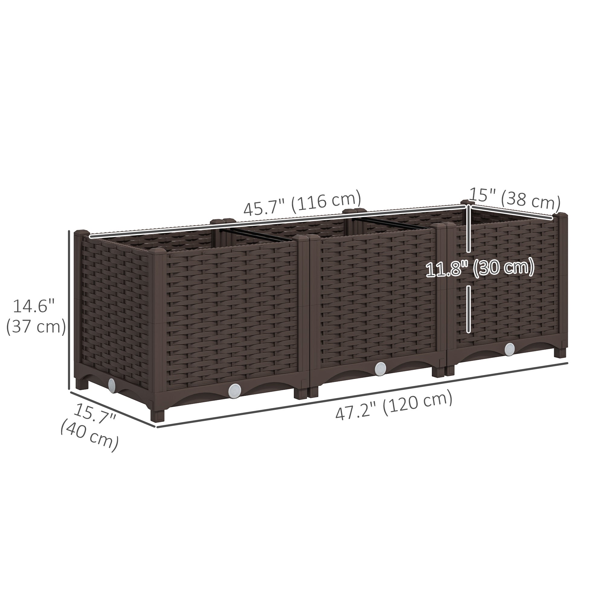 Outsunny Plastic Raised Garden Bed, Outdoor Planter Box with Drainage Holes for Patio, Balcony, 47.2" x 15.7" x 14.6", Brown 