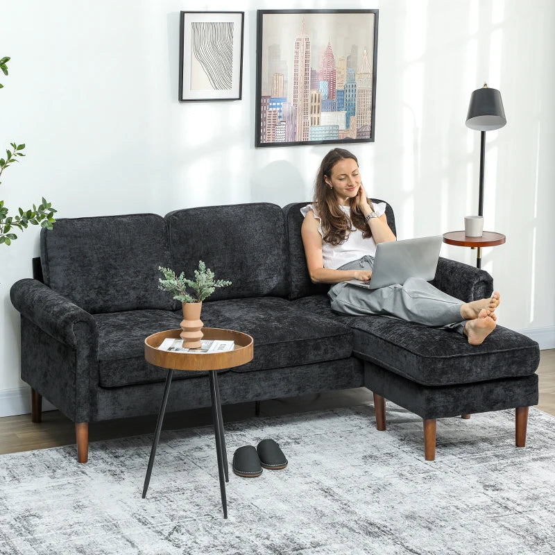 L Shape Sofa, Modern Sectional Couch with Changeable Chaise Lounge, Wooden Legs, Corner Sofa for Living Room, Black