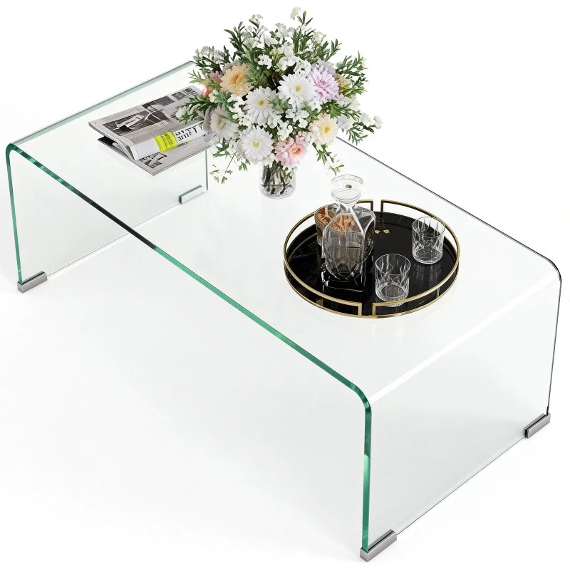 Glass Coffee Table, Clear Coffee Table for Living Room, Modern Rectangle Center Table with Safe Rounded Edges