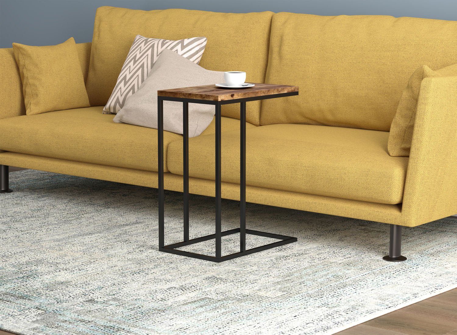 End Accent Table C-Shaped Brown Reclaimed Wood Black Metal 