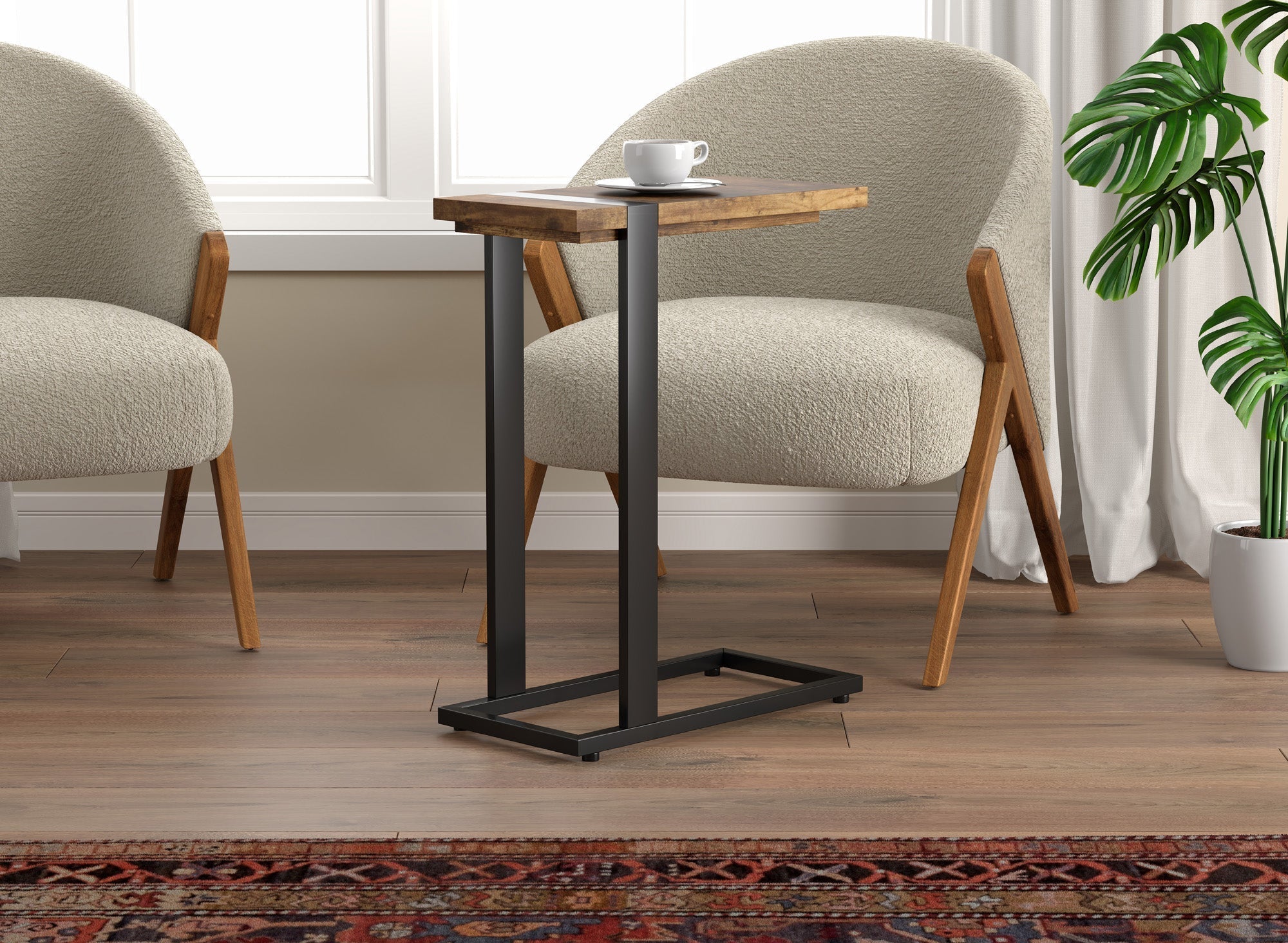 End Accent Table C-Shaped Brown Reclaimed Wood Black Metal 