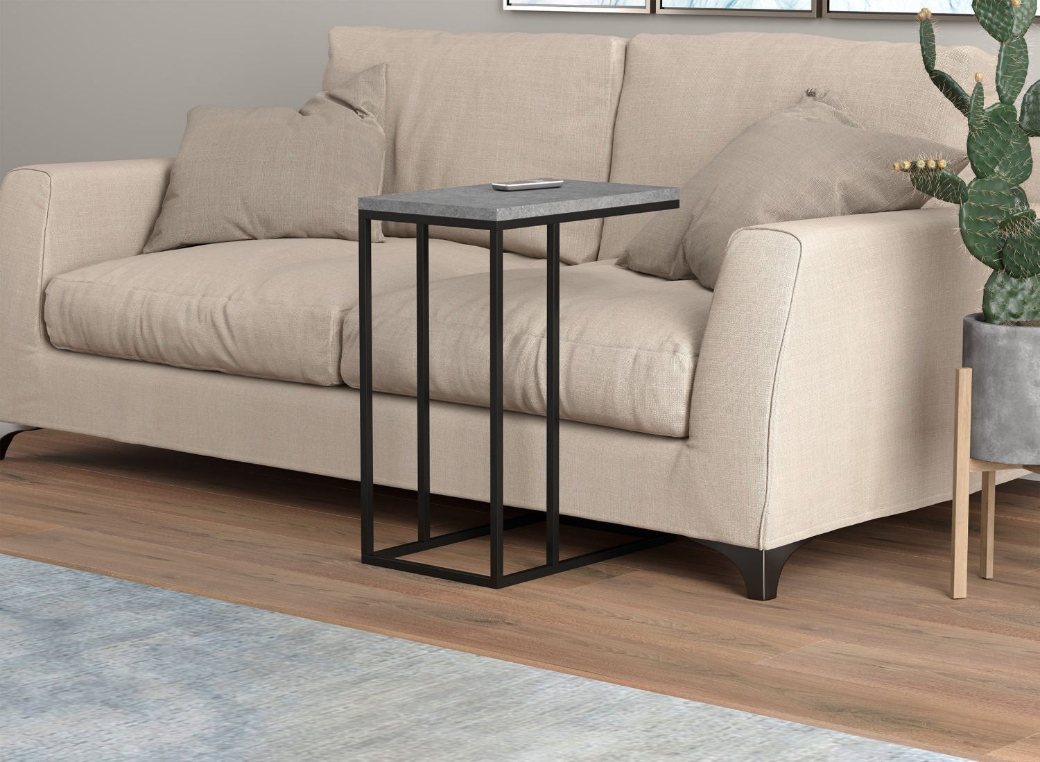 End Accent Table C-Shaped Dark Cement Black Metal 