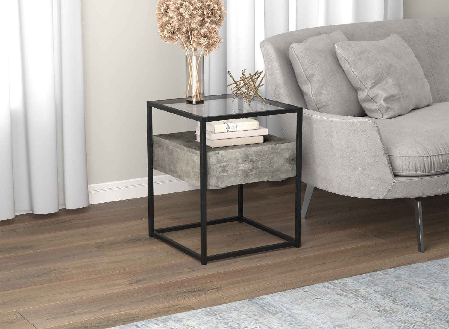 End Accent Table Dark Cement 1 Drawer Glass Top Black Metal 