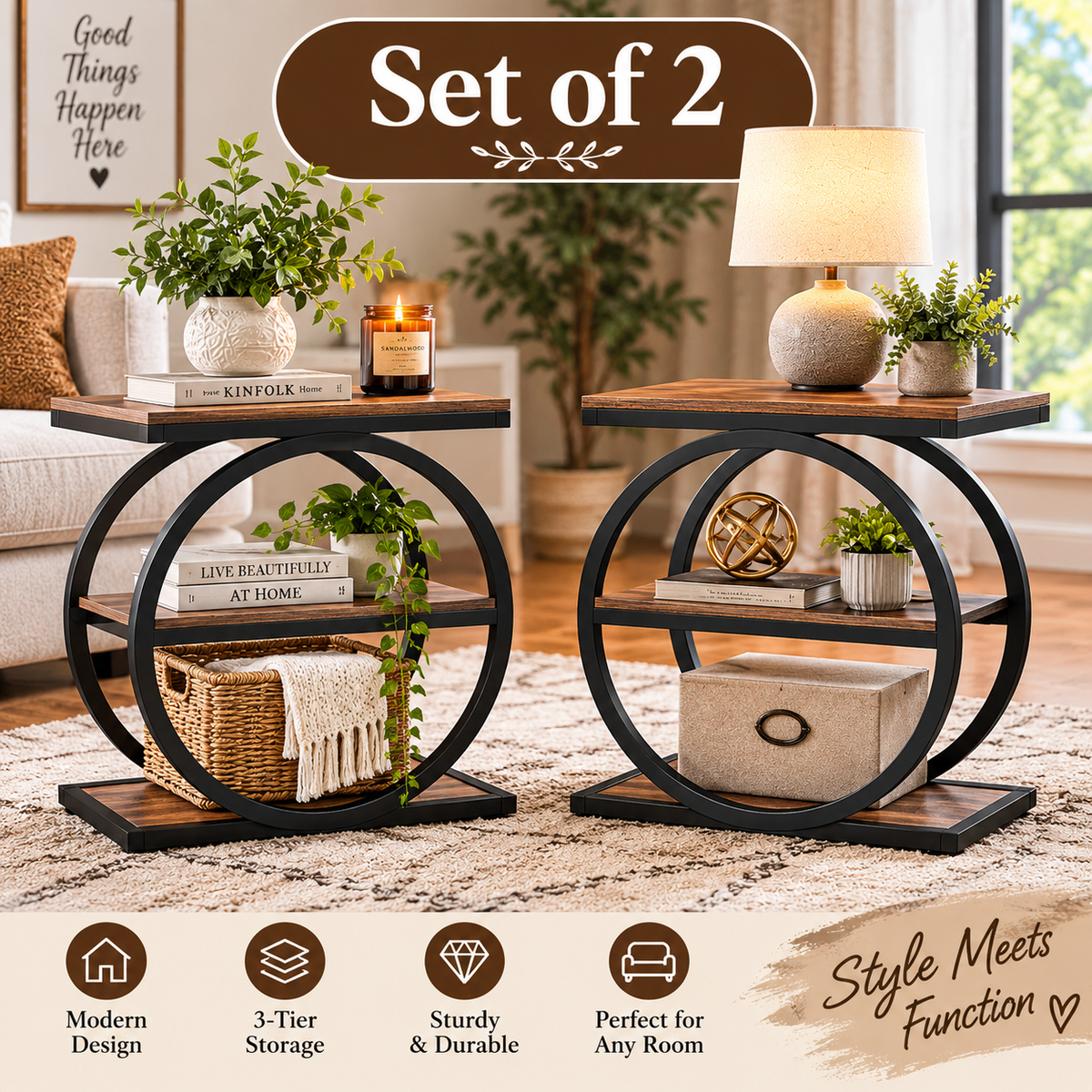 3-Tier End Table with Storage Shelves, Brown Wood & Black Metal Side Table for Living Room or Bedroom