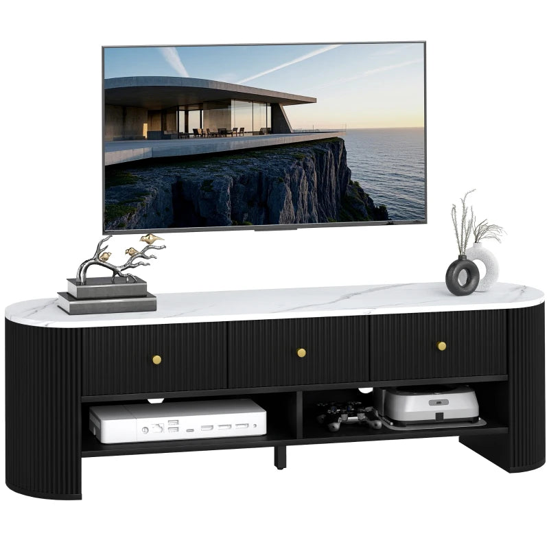 TV Stand, Modern TV Table with Marble-Effect Top, 3 Drawers and 2 Open Shelves for 32-65 Inch Television, Black
