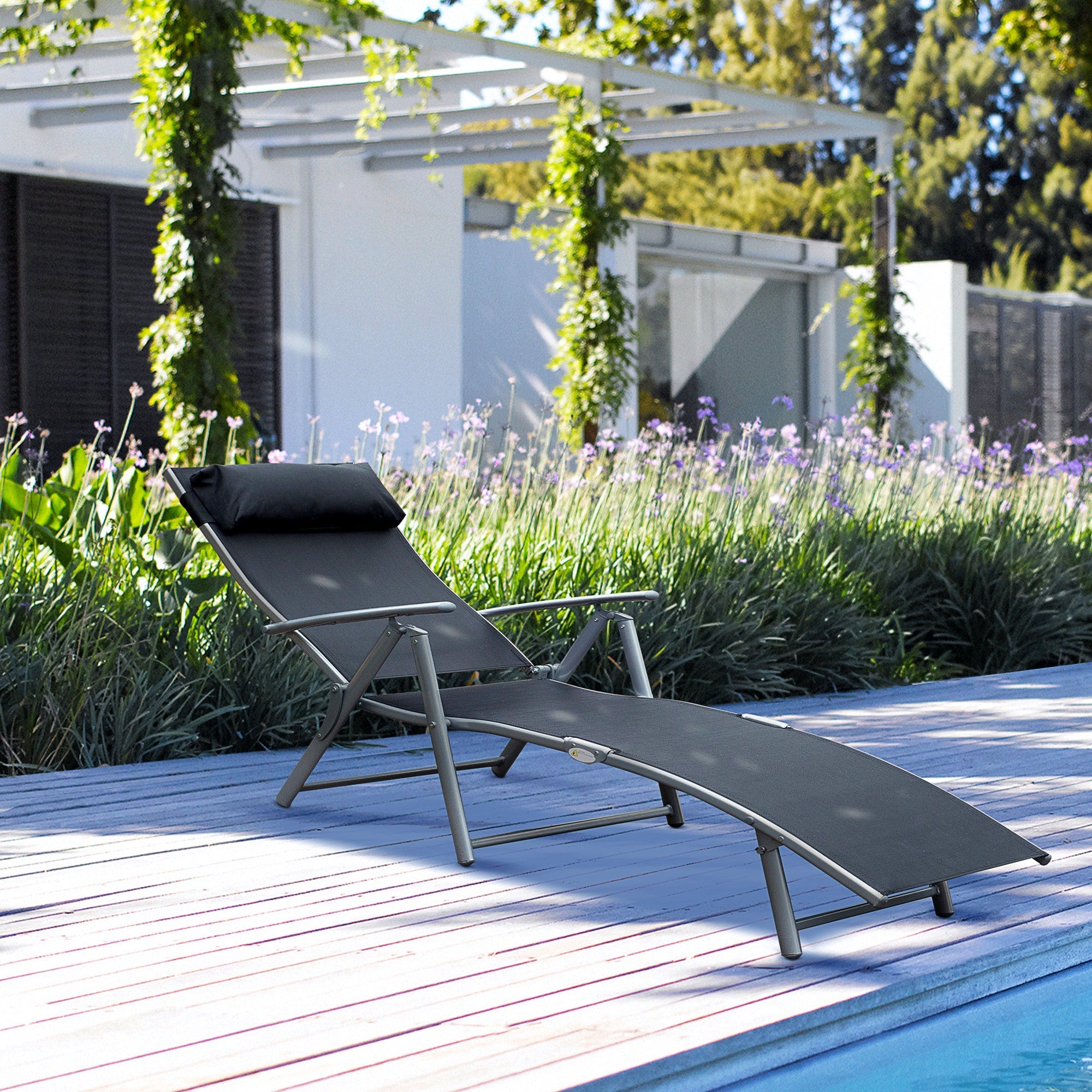 Outsunny Adjustable Folding Reclining Chair Heavy-duty Outdoor Sun Lounger Patio Chaise Black 