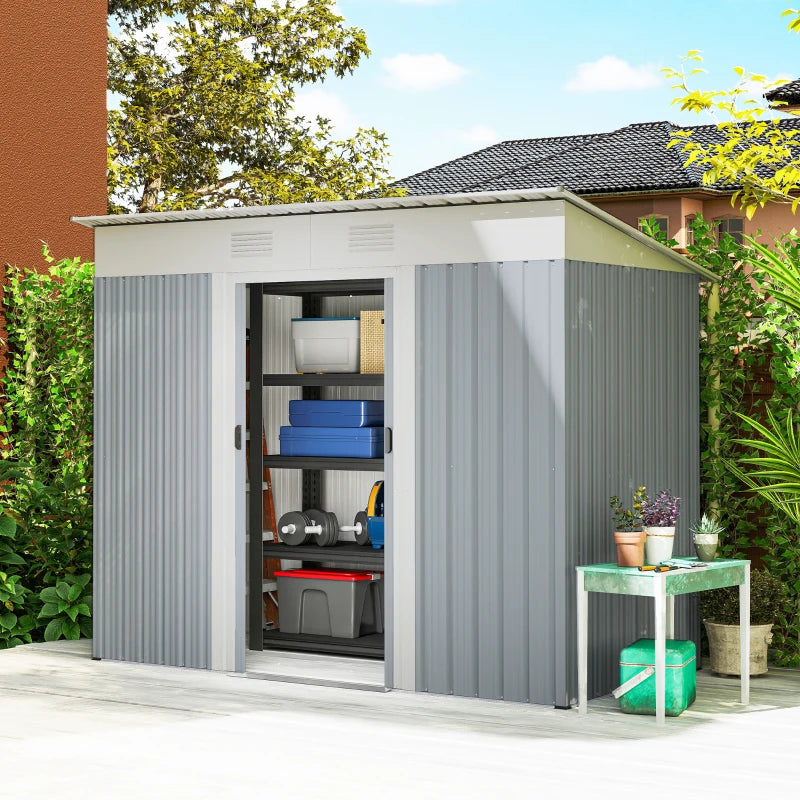7' x 4' Outdoor Storage Shed, Metal Garden Shed with Lockable Sliding Doors and Vents, Grey