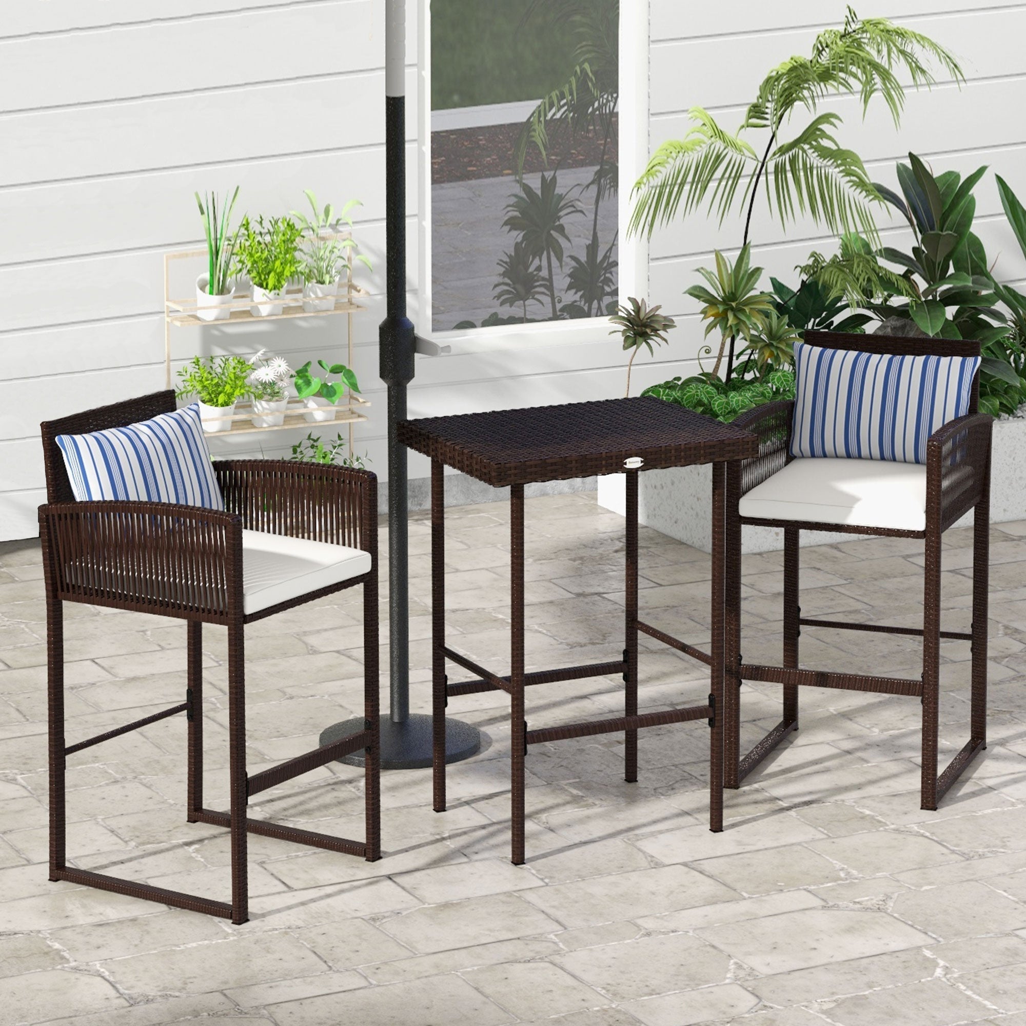 Outsunny 3-Piece Wicker Bar Set Patio Bar Table Chair with Cushions Poolside 25.2" x 19.3" x 37" White 