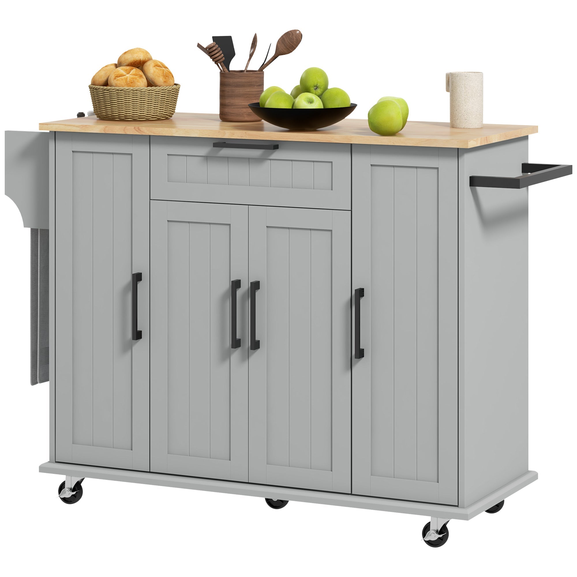 HOMCOM Modern Rolling Kitchen Island Cart with Drawers, Natural Wood Top, Towel Rack, Door Storage Cabinet, Grey 