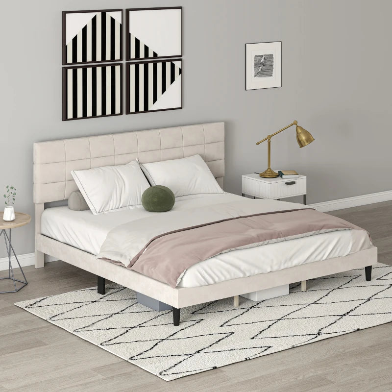 King Size Bed Frame with Upholstered Headboard, Modern Platform Bed Frame with Wood Slats, 1100 lbs Capacity, Cream White