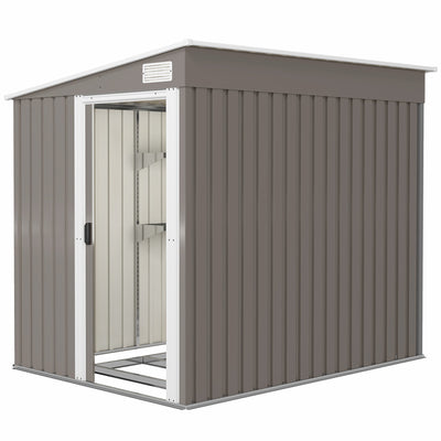Outsunny 5'x7' Lean to Galvanized Metal Shed with Foundation, Garden Tool Storage House w/ Sliding Door and 2 Vents, Light Grey 