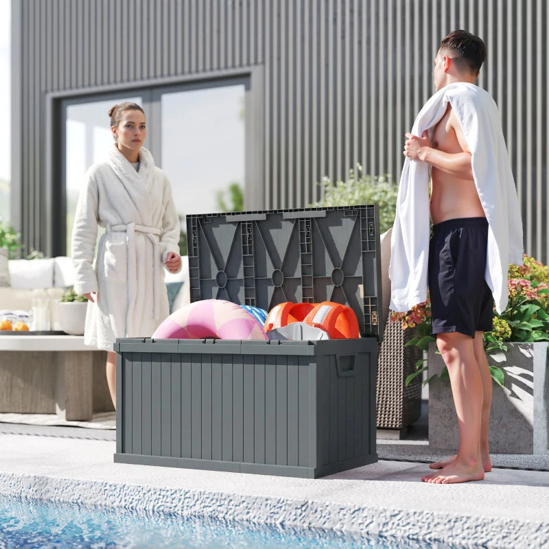 70 Gallon Deck Box, Resin Outdoor Storage Box with Handles, Waterproof Storage Container for Garden Tools, Dark Grey