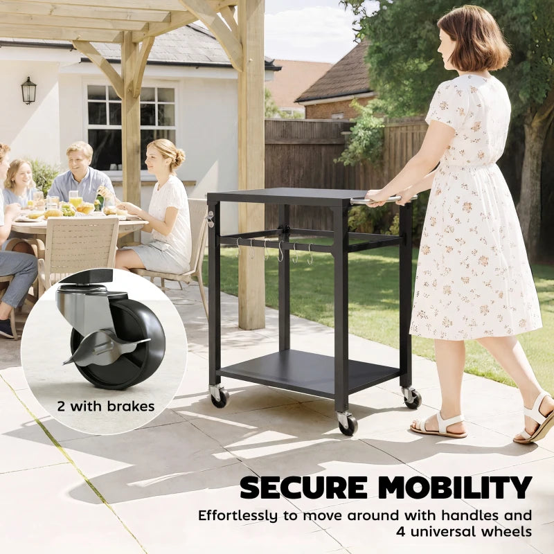 Outdoor Grill Cart, Pizza Oven Stand with Steel Top, 2-Tier Kitchen Prep Station with Hooks, Handle, Wheels, Black