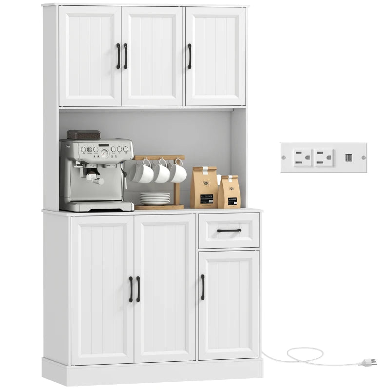 71" Pantry Cabinet with Charging Station, Kitchen Storage Cabinet with Microwave Stand, Adjustable Shelves, White