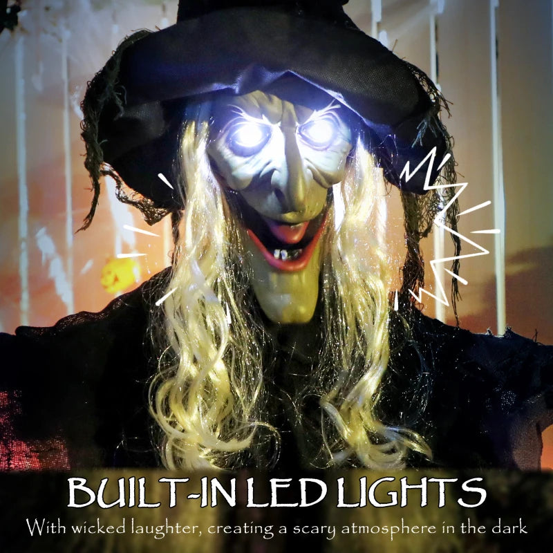 Outsunny Life-Size Animated Hanging Witch – Glowing LED Eyes, Battery Operated Halloween Decoration 