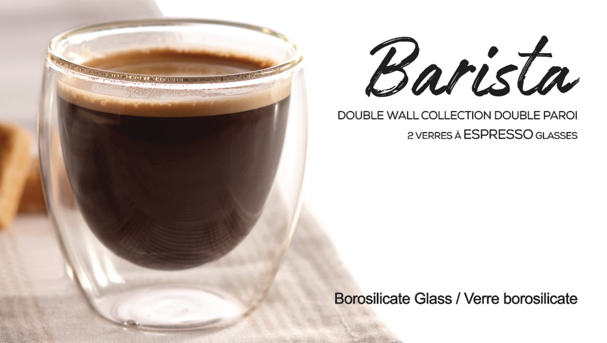 Espresso Insulated Double-Wall Glass Coffee Tea Hot or Cold Beverage Mug 2 Piece Set 95ml, Barista 